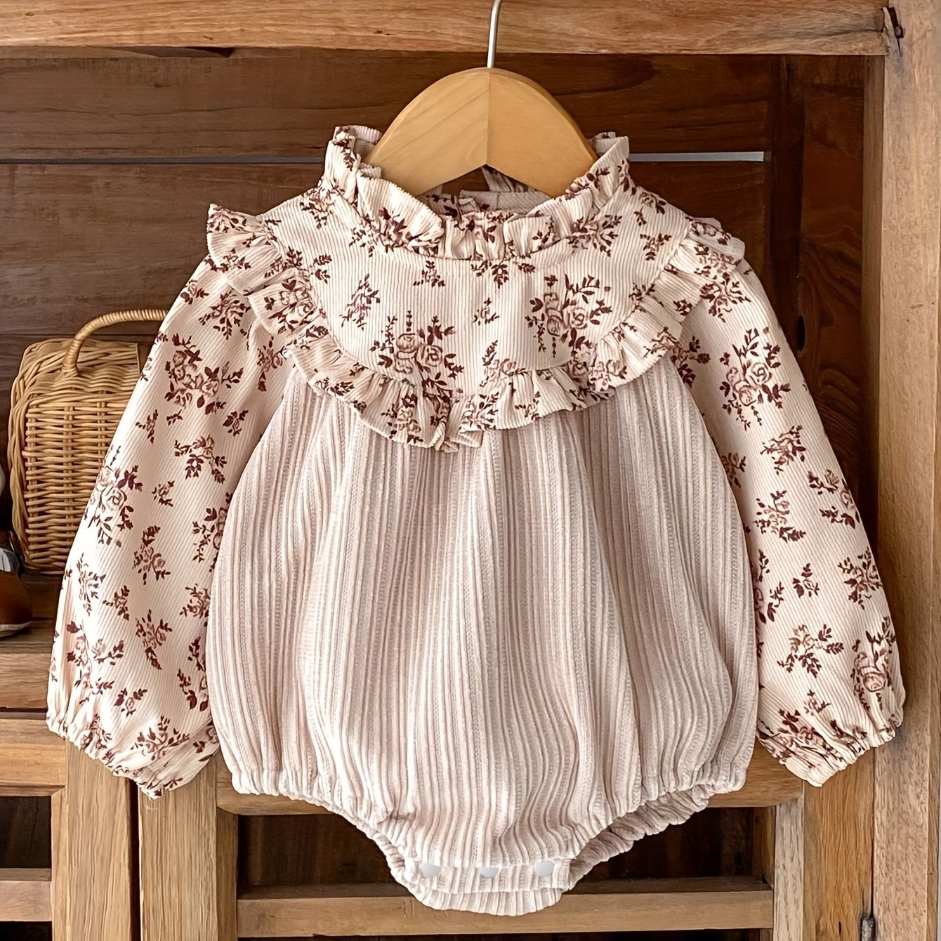 Image of Spring And Autumn New Baby Clothing, Corduroy Printed Splice For 0-2 Year Old Girls, Baby Long Sleeved , Climbing Clothes, 1pc, For Outdoor