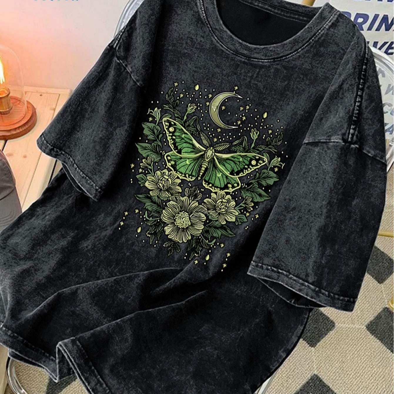 TEMU Plus Size - Women's Retro And Old T-shirt, Green And Moon Design | Ideal For Home Casual Or Coffee Shop Wear, Soft, Light, And Durable, Dark