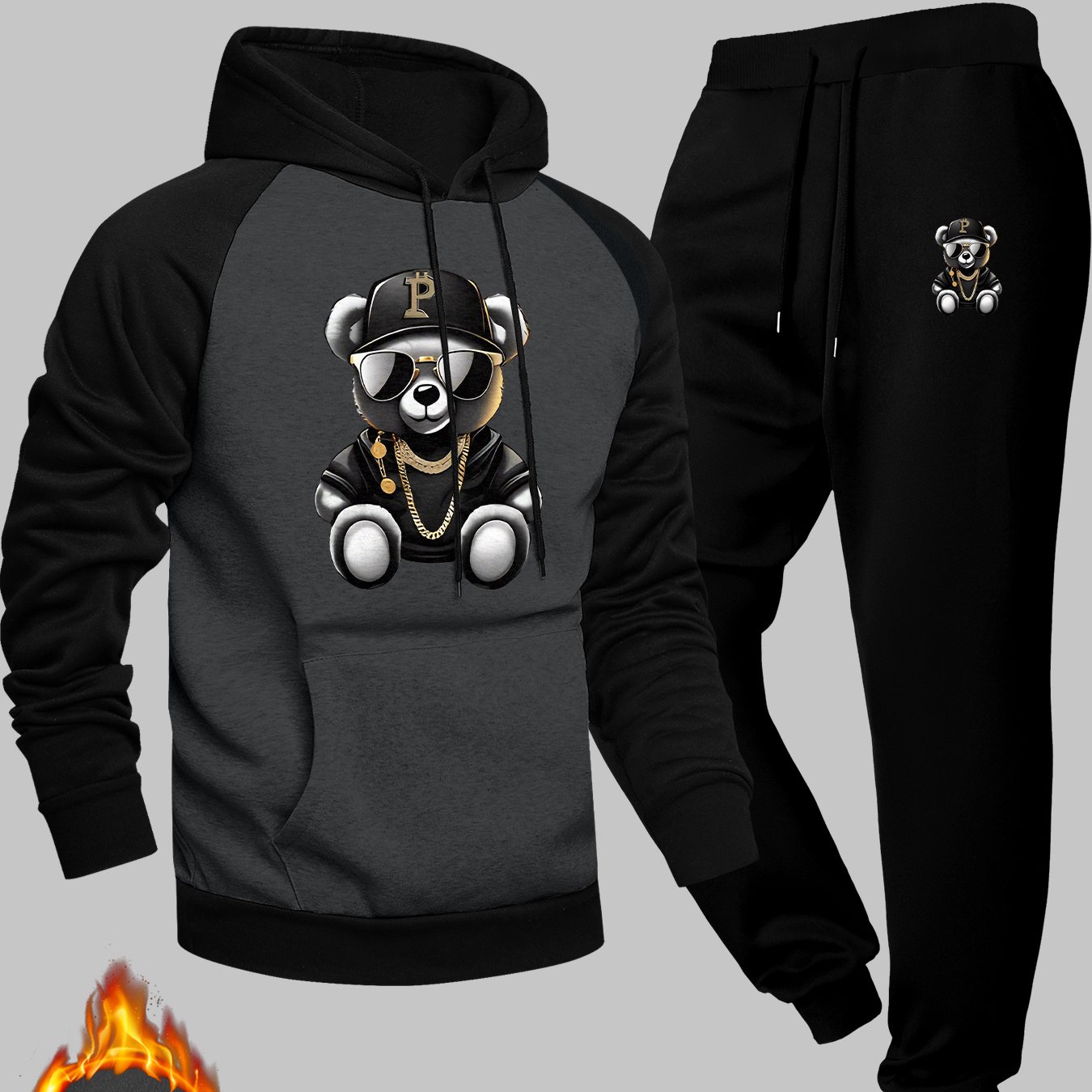 TEMU Men's Casual Sports Hoodie Set With Raglan Sleeves, Featuring A Hip-hop Bear Print And A Design, Perfect For A Trendy And Versatile Look