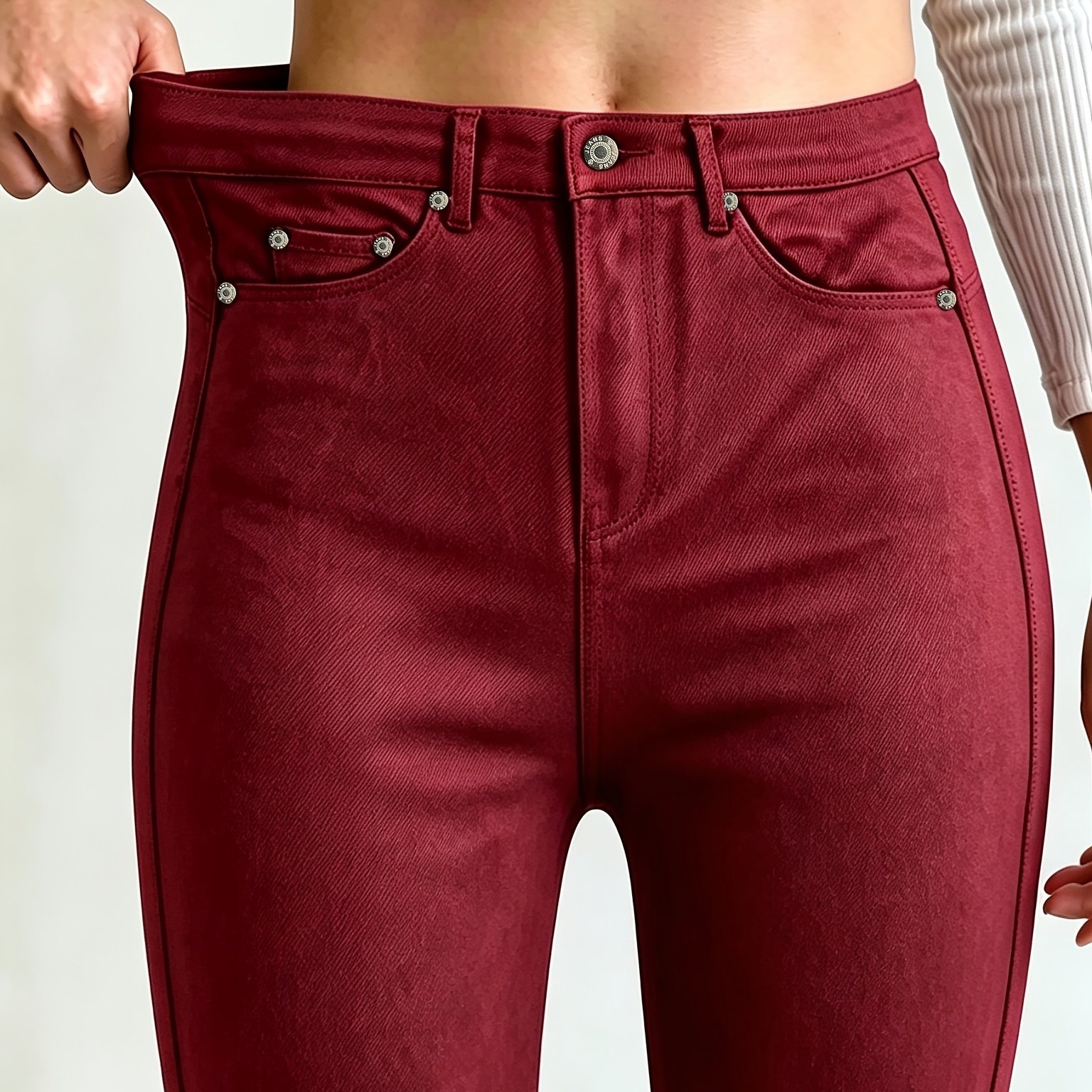TEMU Burgundy Mid-rise Slim-fit Jeans, Stretch Fabric For Tummy Control And, Unique Rivet Decoration For A Flattering Fit, Weekend Casual Streetwear,