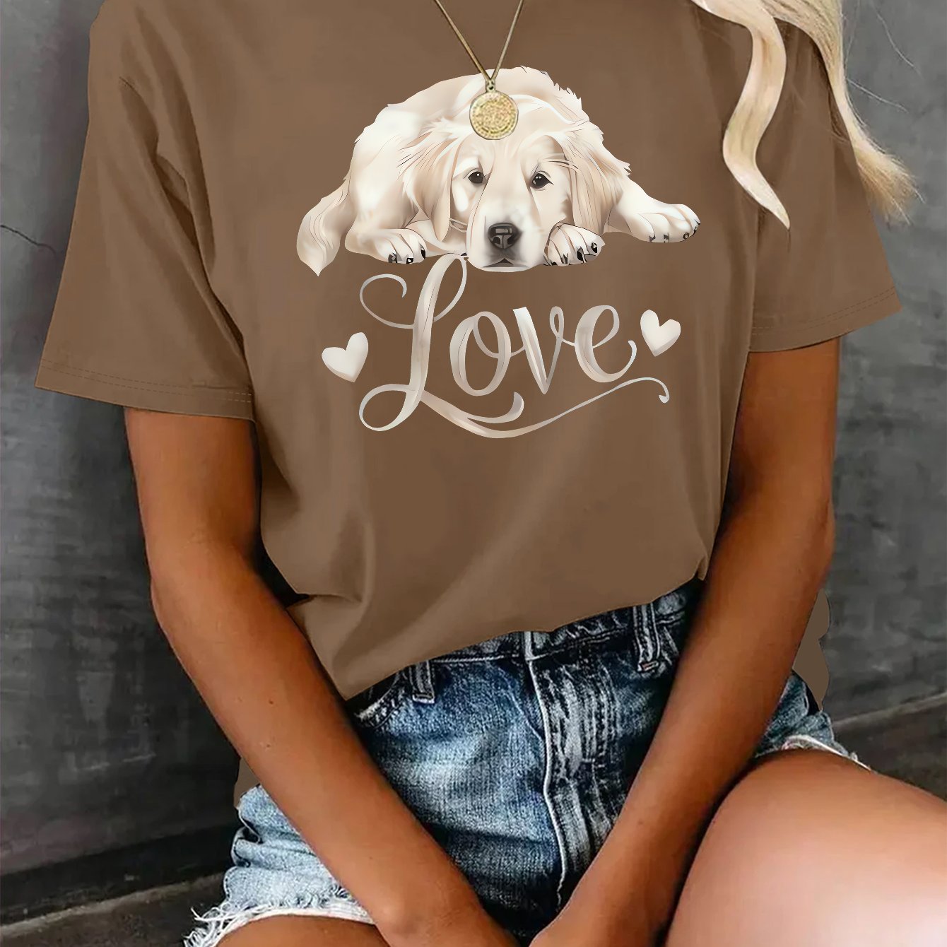 TEMU Women's Golden Retriever T-shirt - Cute Golden Retriever Print Short Sleeve Round Neck Blouse-compatible Suitable For Daily Wear & Outdoor