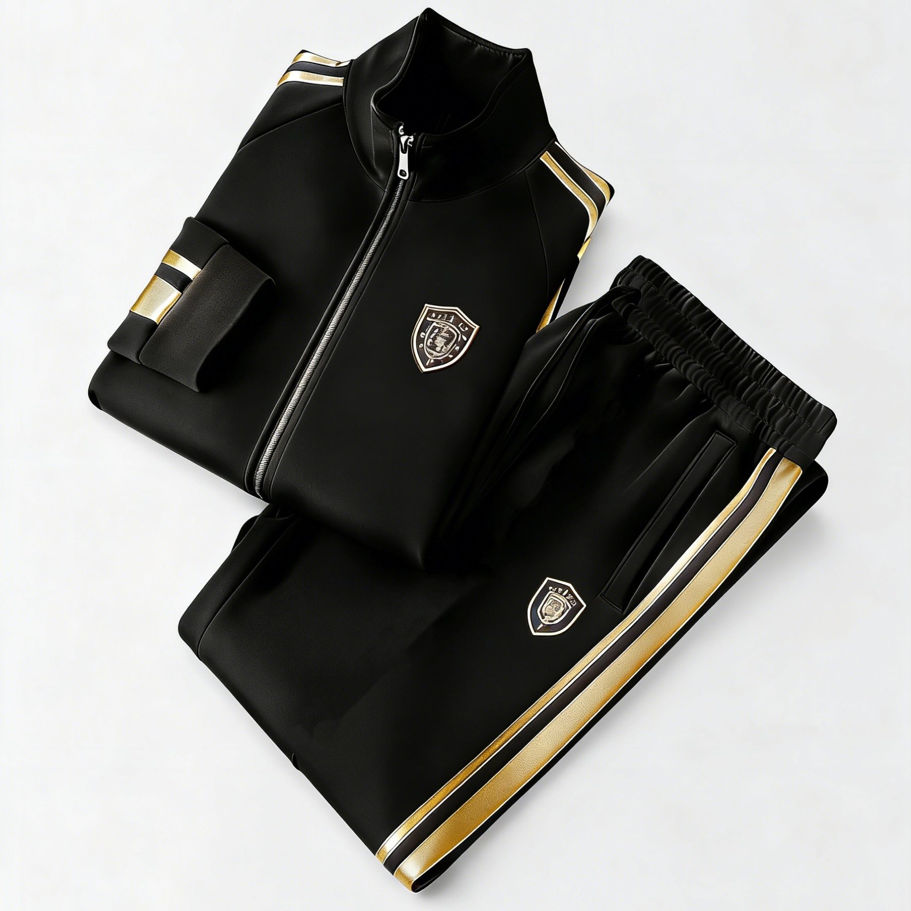 2pcs Men's Casual Sports Suit, 3d Printed Beige Golden Striped Design, Neck Zipper Jacket + Matching Sweatpants Of Color, Logo Badge Details, Comfortable Daily Casual Sports Suit, Plus Size