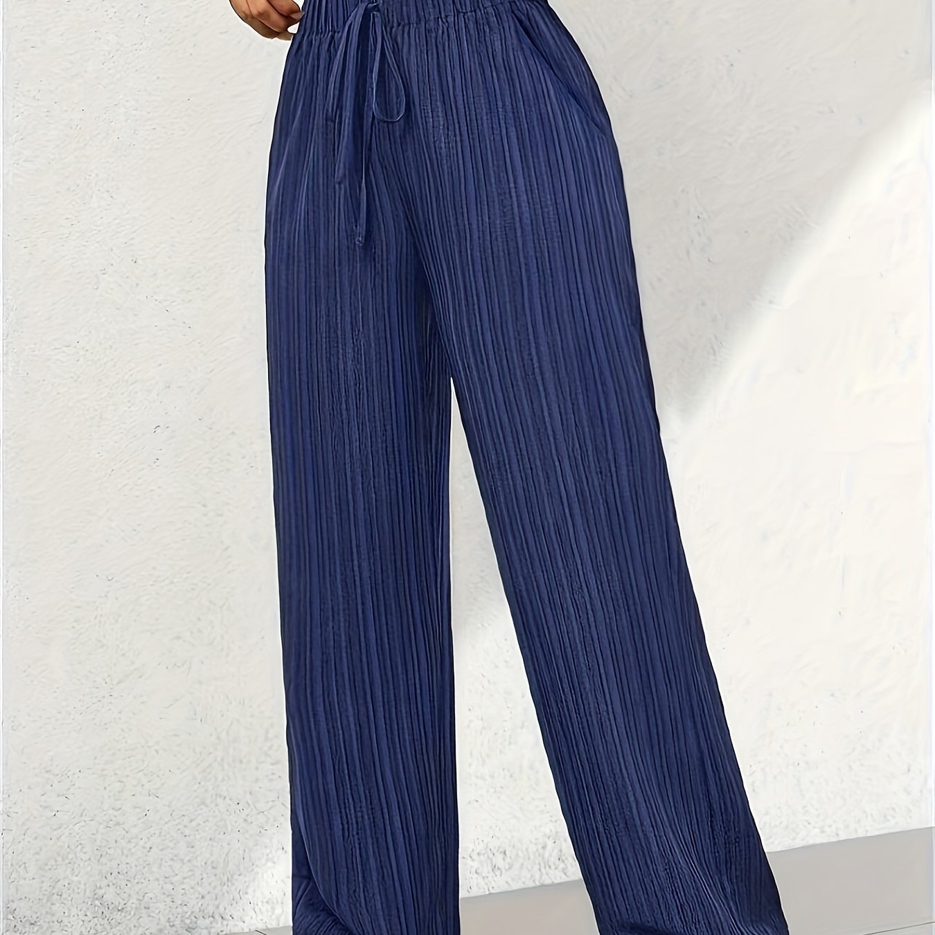 TEMU Women's Elegant Straight-leg Trousers With Tree Grain Wrinkle-texture Micro-stretch Fabric, Featuring A Comfortable Elastic Waistband With