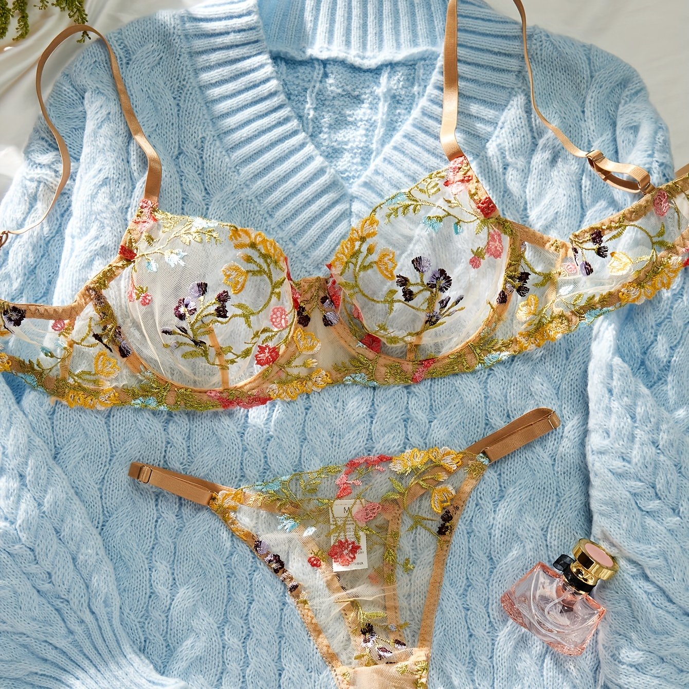 Floral Embroidery Lingerie Set Sheer Unlined Bra Mesh Thong