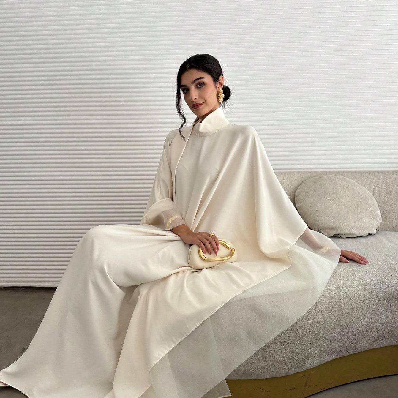 Image of Middle Eastern Elegant Solid Color Abaya Loose Dress For Banquet Party, Batwing Sleeve Robe Long Gown Traditional Clothing