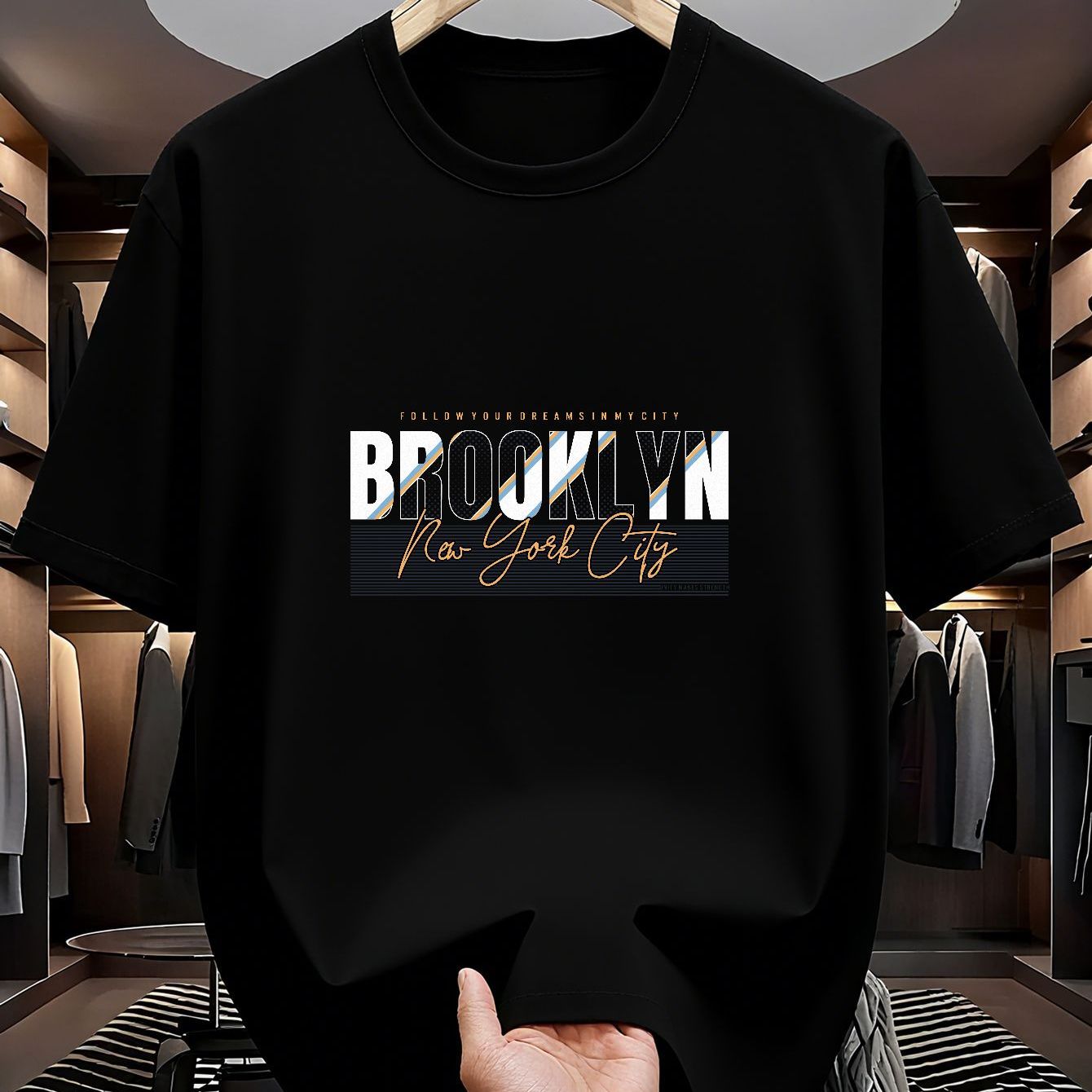 TEMU Brooklyn Tee | Black And Orange Design | All-caps | Style | Summer Casual | , T-shirt, Regular, Pullover, Men, Minimalist, Streetwear, Letter