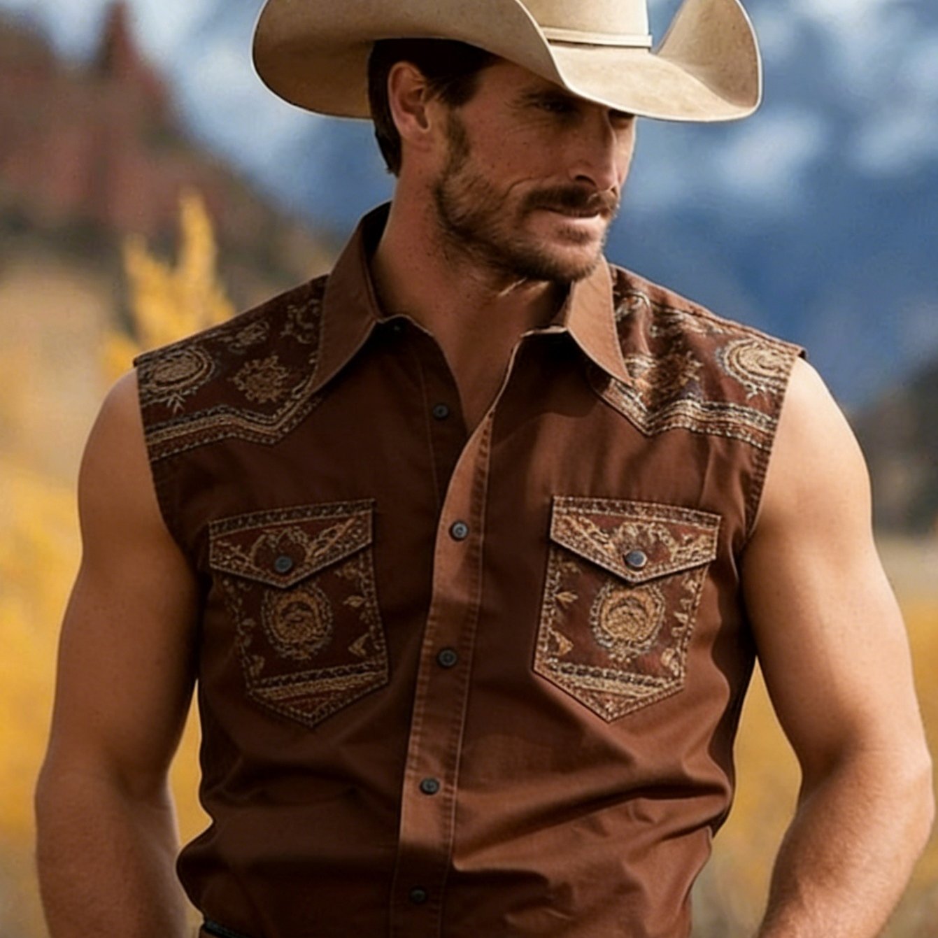 Mens Sleeveless Shirt With Retro Print Turn Collar Dual Pockets Design Western Style Casual Top For Daily Outdoor Wear Vacation Travel Hiking Sports Comfortable Clothing Suitable For Birth