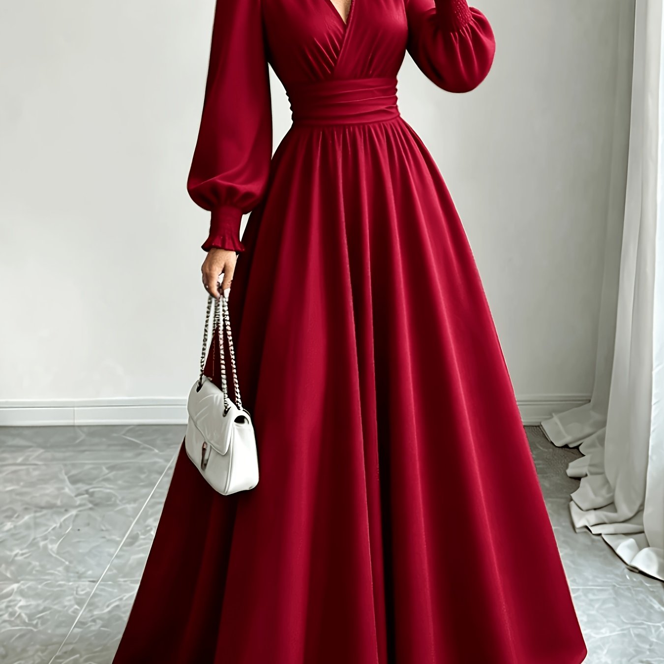 TEMU Retro Cross-v Neck Maxi Dress, Soft Elegant Puff Sleeve With Elastic Cuffs, Flowing Full Skirt Fitted Women's Commute Party Dress