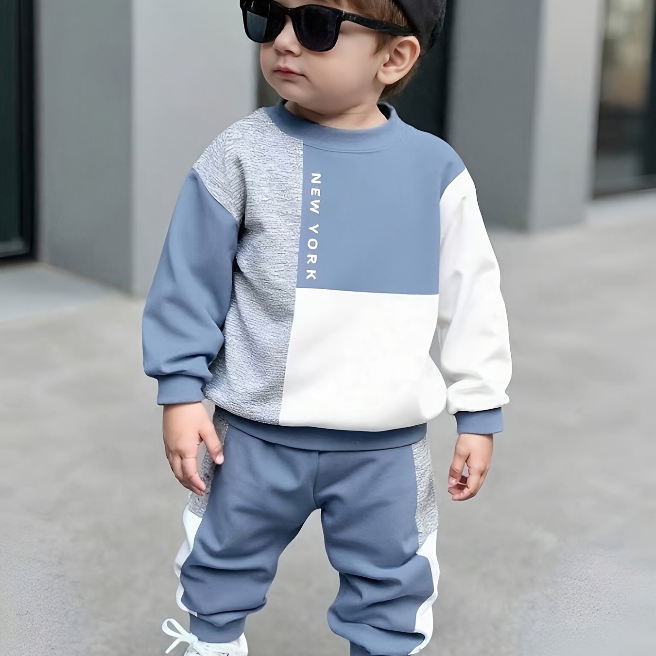 Image of 2pcs Baby Boy Color Block Letter Print Crew Neck T-shirt Sweatshirt Pants Newborn Set, For Outdoor, Christmas, Halloween