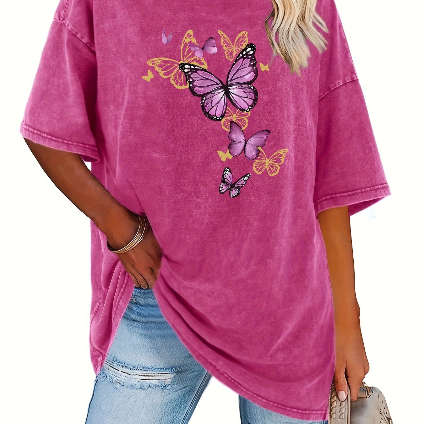 TEMU Women's Trendy Printed Retro Washed T-shirt - 230g Thick, Retro Street Neck Short Sleeve, Machine Washable, Perfect For Spring/summer Casual