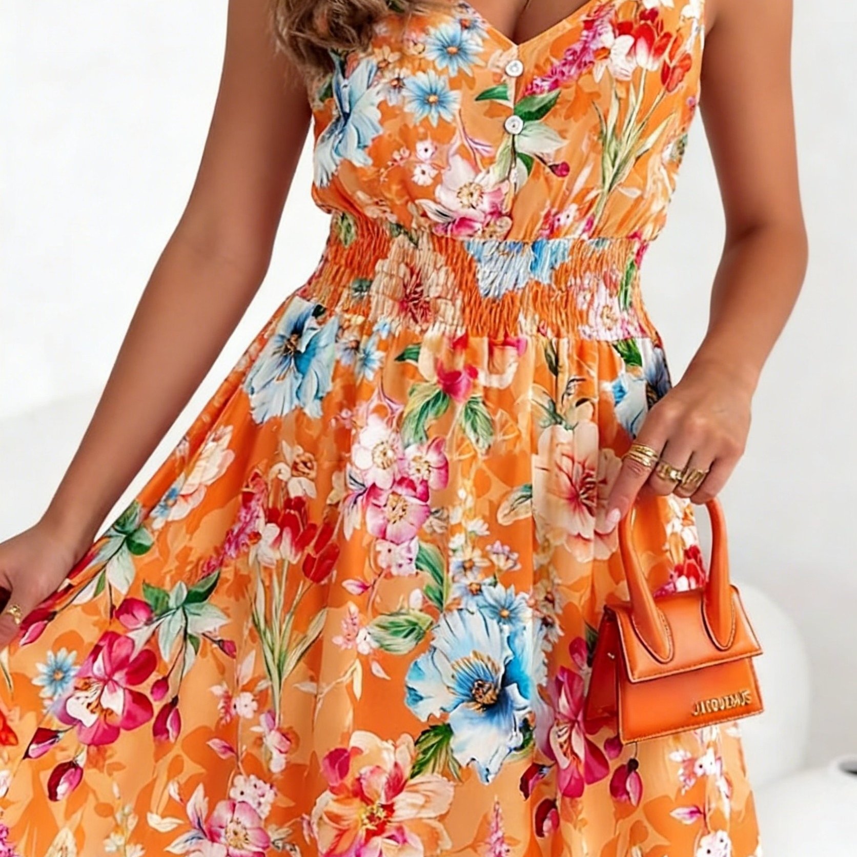 TEMU Women's Spring Floral Sleeveless V-neck Dress, Light Mature Style For All Casual Occasions, Vacation Date Atmosphere Full, Directional Style