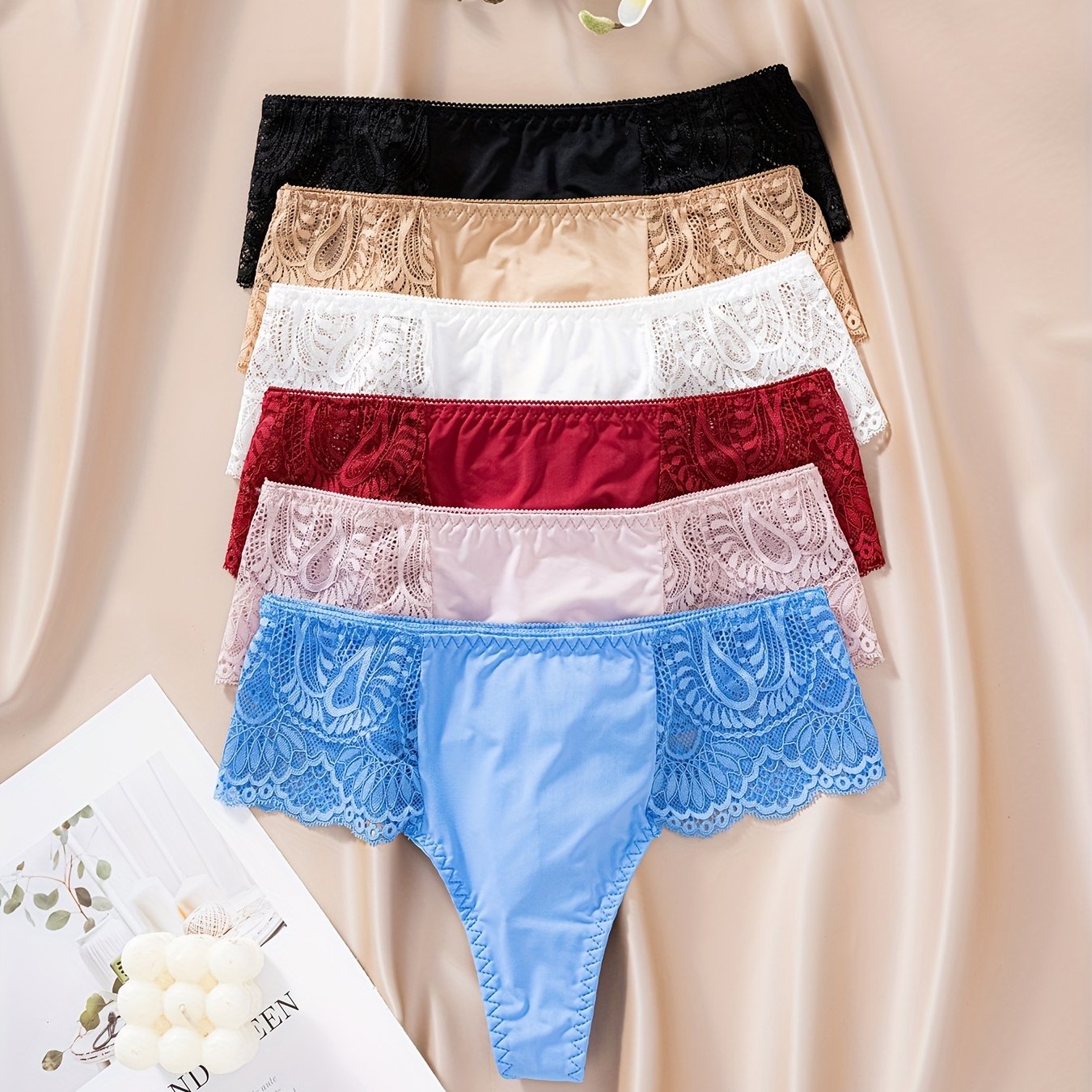 6pcs Women's Elegant Lace Patched Low-rise Thong Panties
