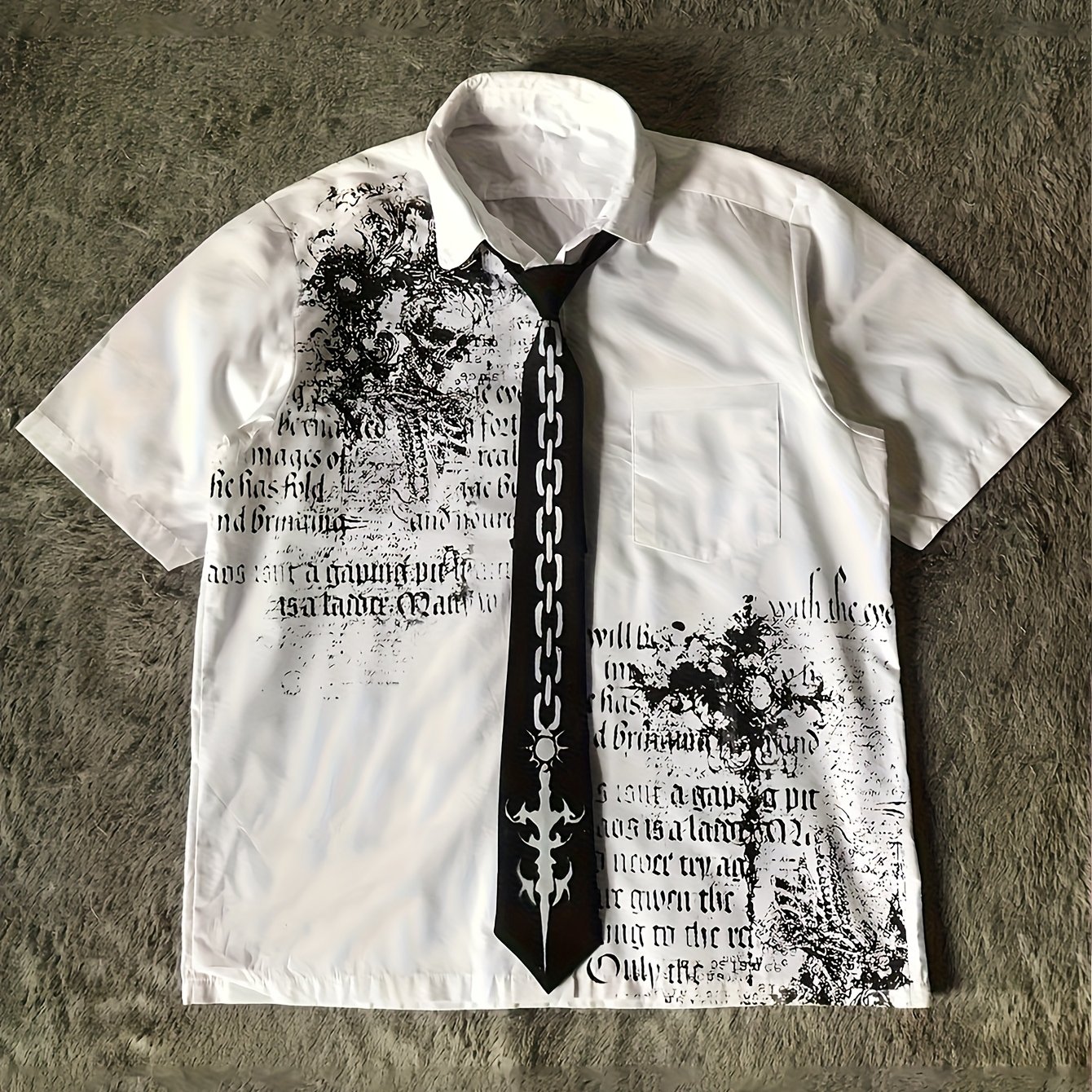 Image of Y2k Retro Gothic Pattern Short Sleeve Shirt | Breathable White T-shirt With Skull And Bible Letter Print, Tie Neck, Fashion Top For