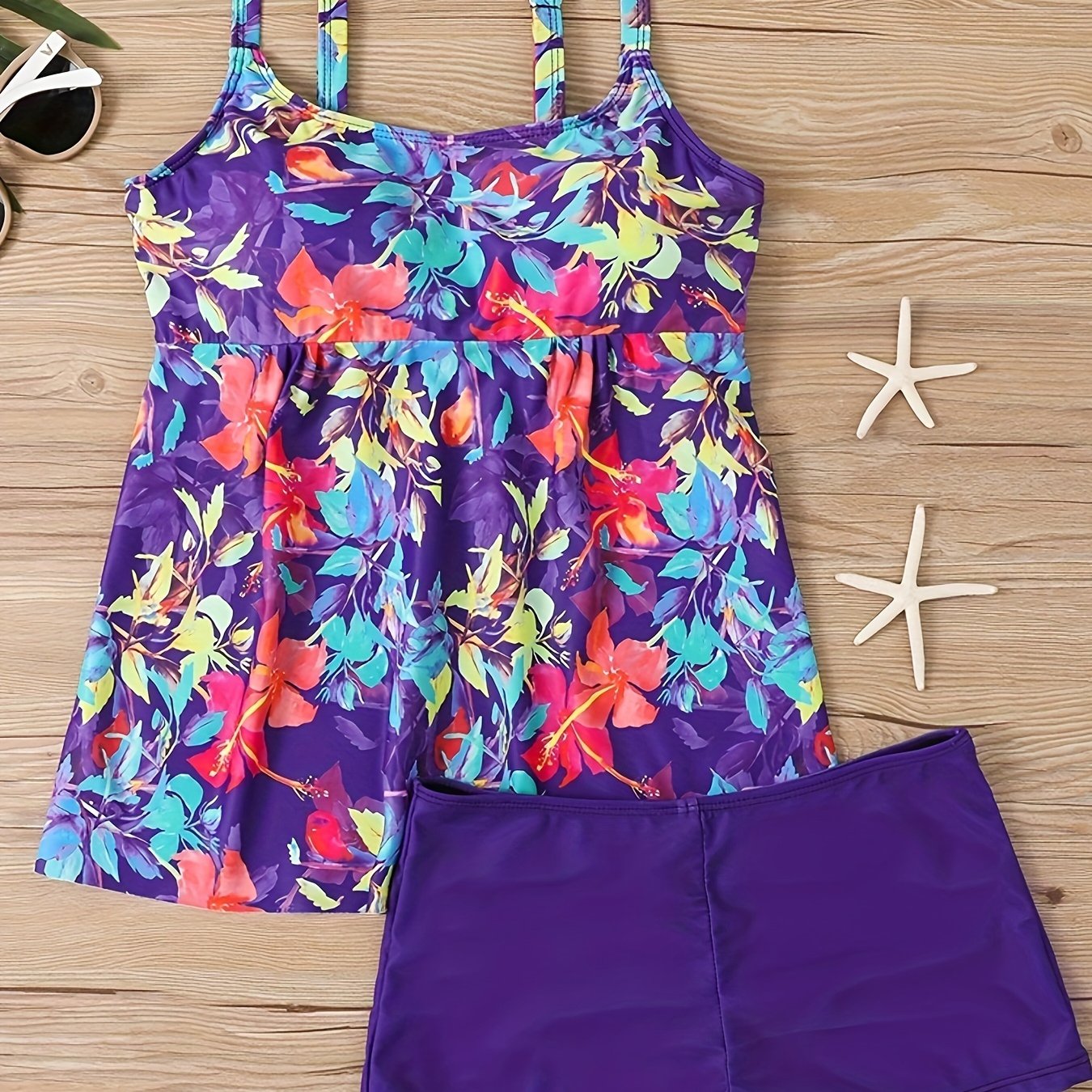 two pieces Women's Random Print Tankini Set with Racerback and Boxer Shorts  - Stylish and Comfortable Swimwear