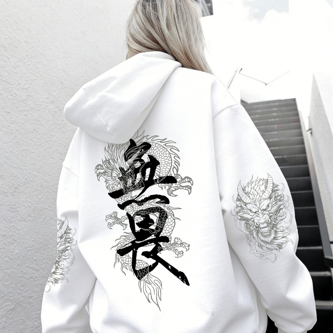 TEMU Chinese Calligraphy Dragon Full-print Sweatshirt For Women, Trend Y2k Loose Oversized Drop-shoulder Casual Long-sleeve Hoodie