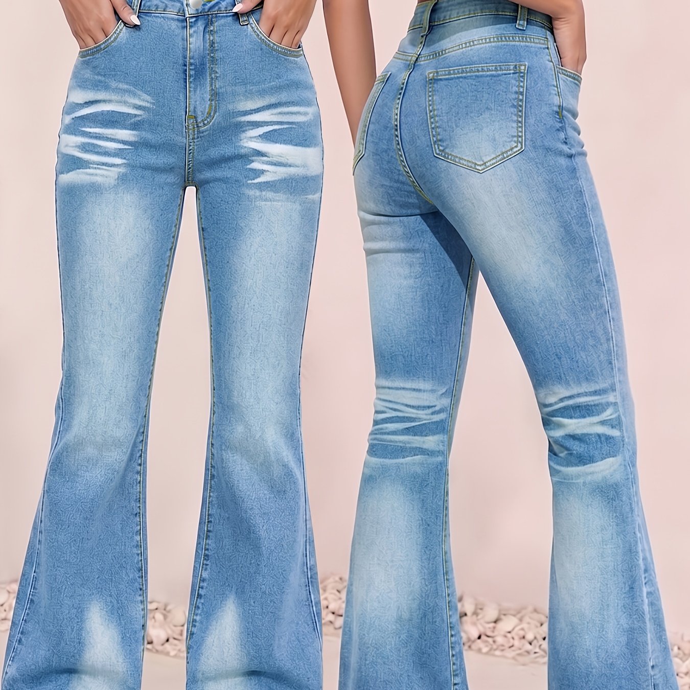 Plus Size High-waisted Women's Flare Jeans With Side Slit And Detail - Stretchy Fit Flared Pants Suitable For