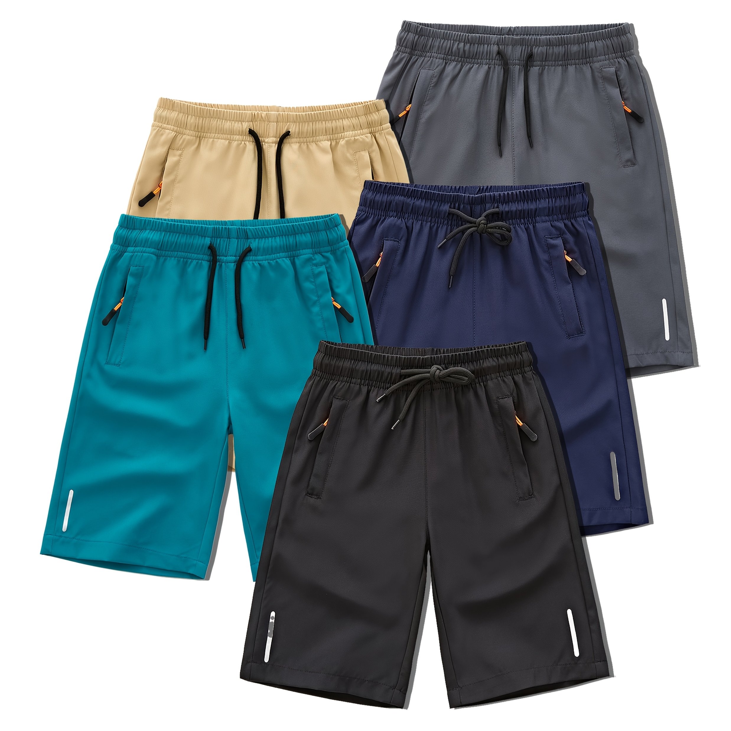 5pcs Set Of Trendy Summer Shorts For Boys With Breathable Fabric, Drawstring, And Zip Pockets, For Outdoor