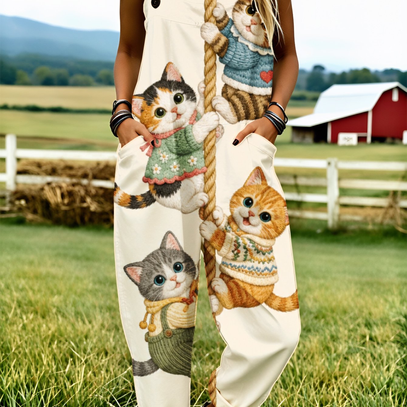 TEMU Plus Size Women's Overalls 0xl-5xl Cats In Sweaters Climbing Rope Comfortable And Breathable Casual Wear Loose-fitting Overalls Personalized