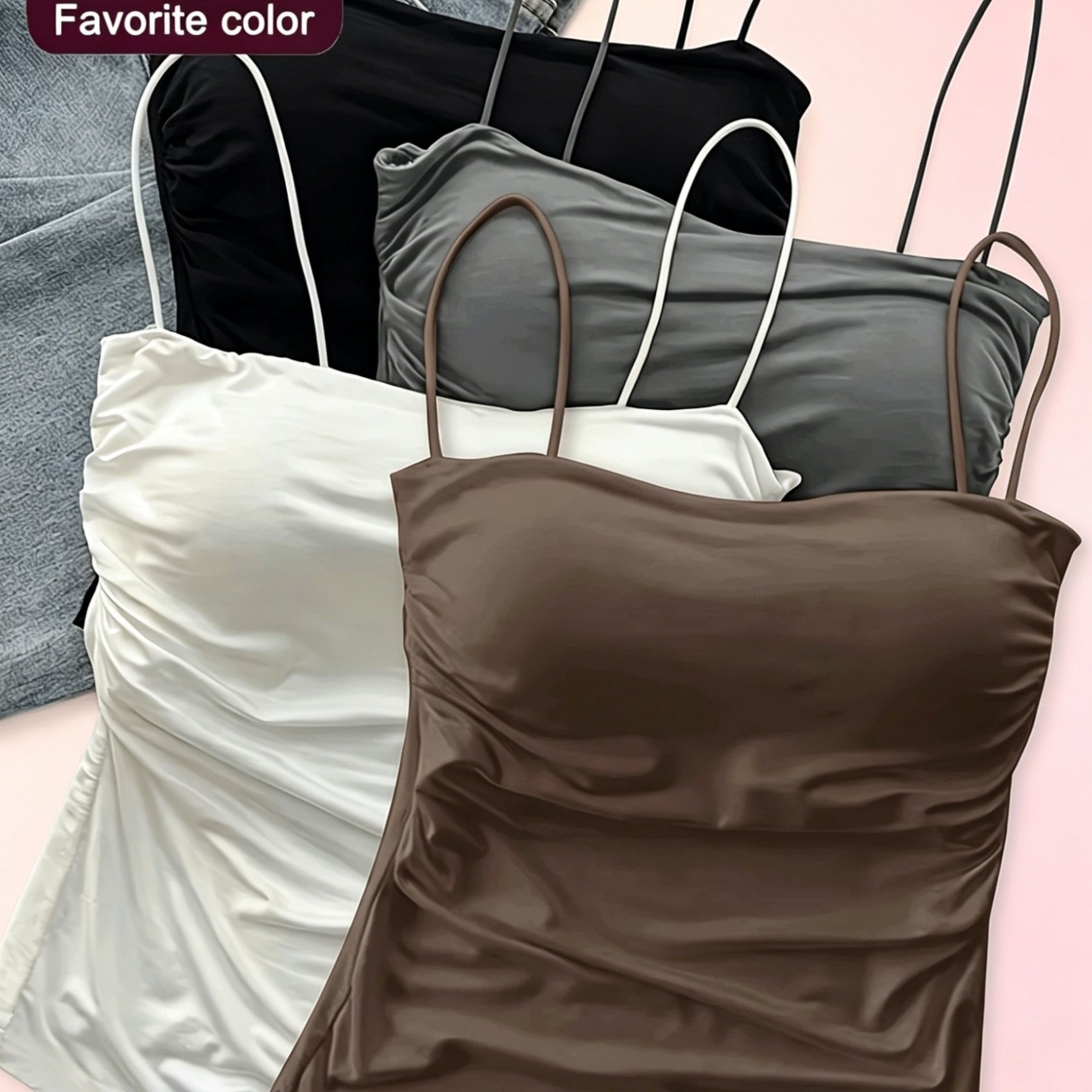 TEMU 4pcs Women's Camisole Tank Tops With Built-in Padded Bras, Ruched Waist, Stretchy And Skin-friendly, Simple And Versatile, A Must-have For The