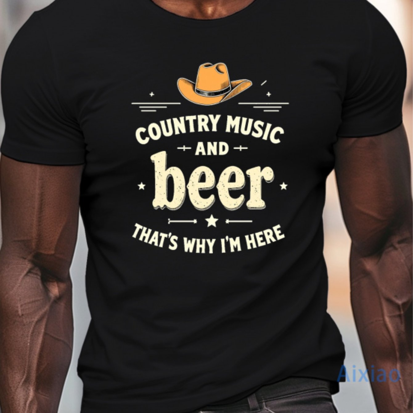 TEMU Men's Casual Short Sleeve T-shirt, Round Neck Design, Summer Style, Denim Country Music Beer Theme, Plus Size