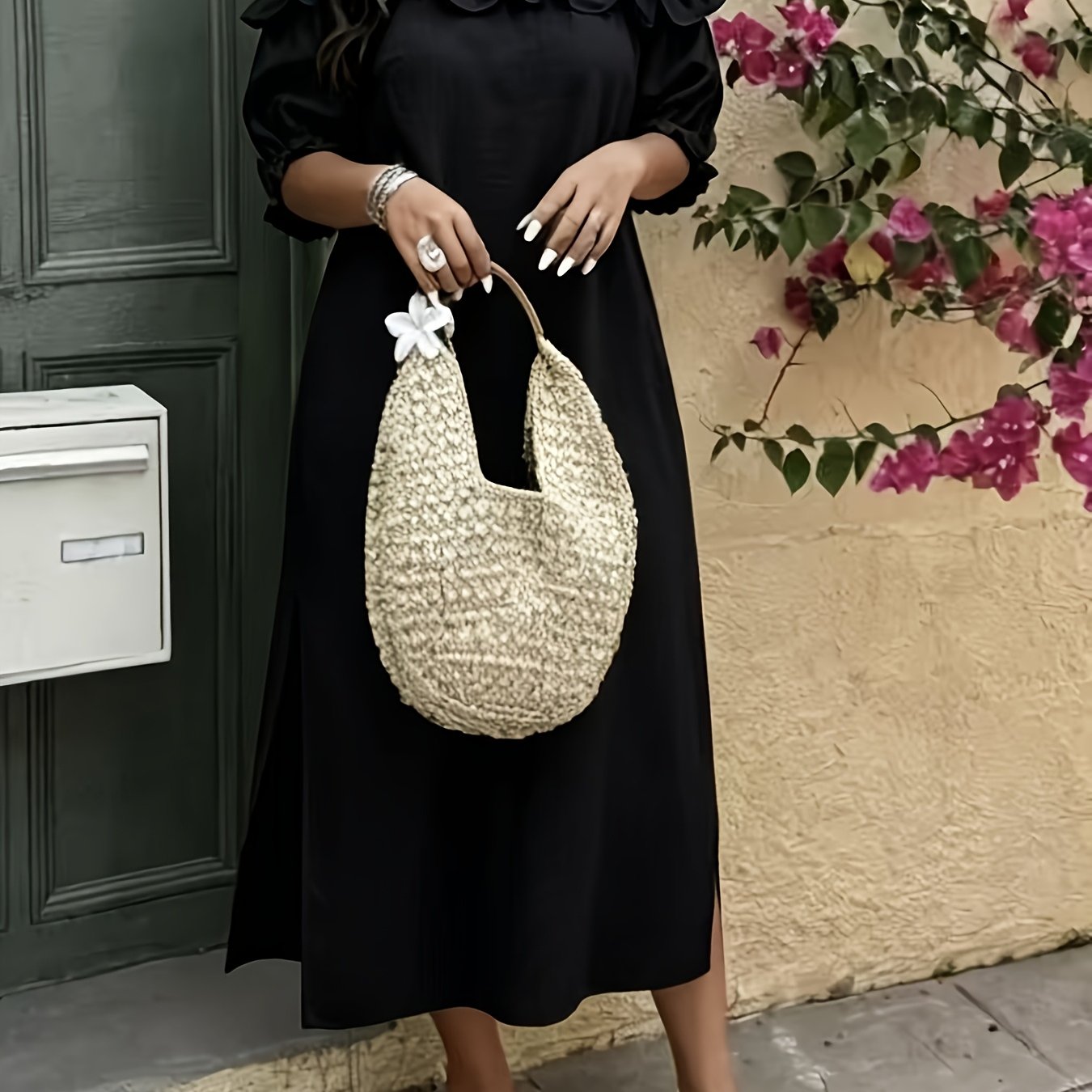TEMU Plus Size, Plus Size Women's Loose Fit Beach Vacation Dress With Off-shoulder One-shoulder Cutout, Puff Sleeves, And Slit Hem