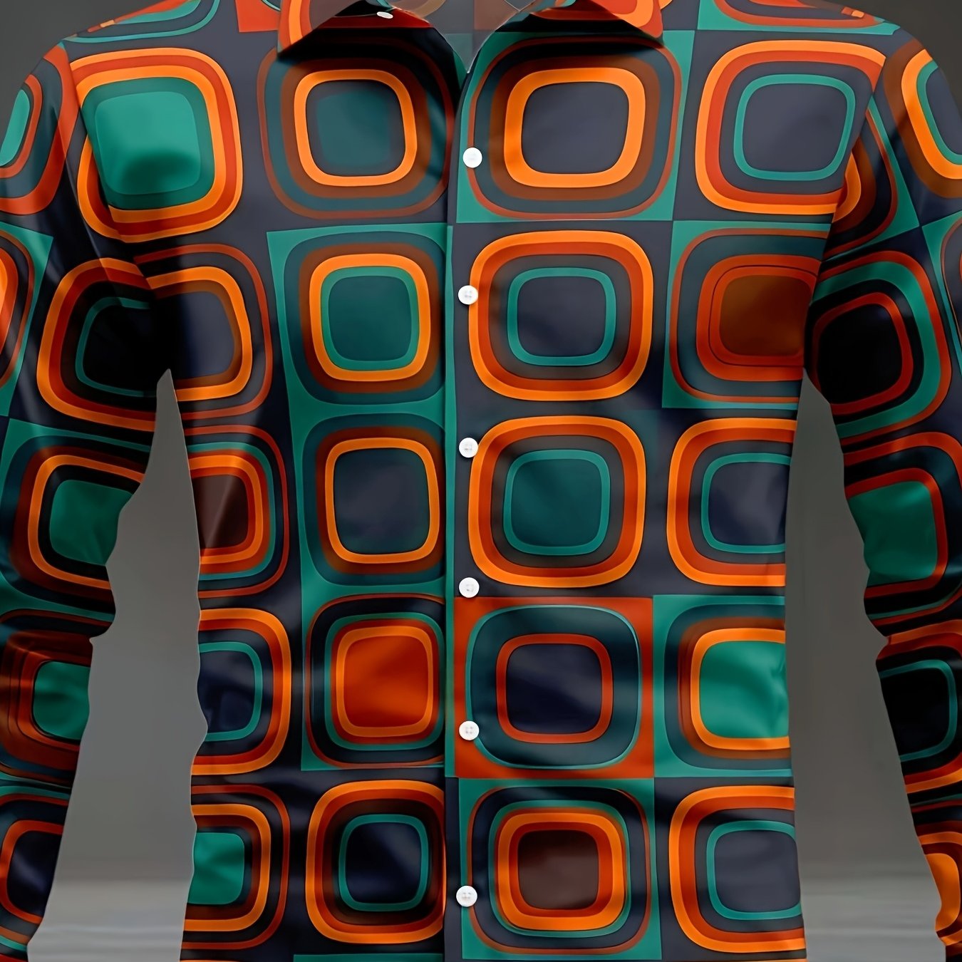 TEMU 's Long Sleeve Shirt, Orange Square Pattern Repeating Design, Casual Top, Machine Washable, Button-up Print Shirt