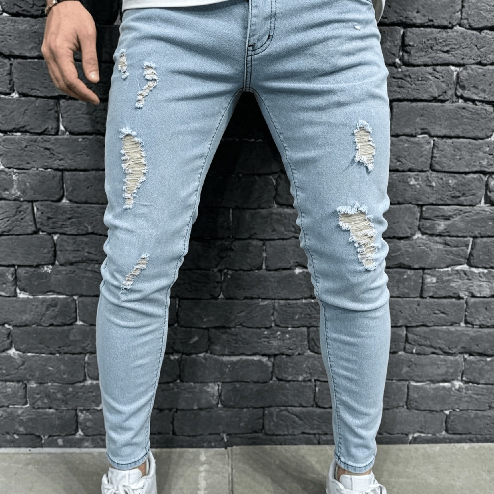 Men's Jeans Stretch Light Wash Blue Distressed