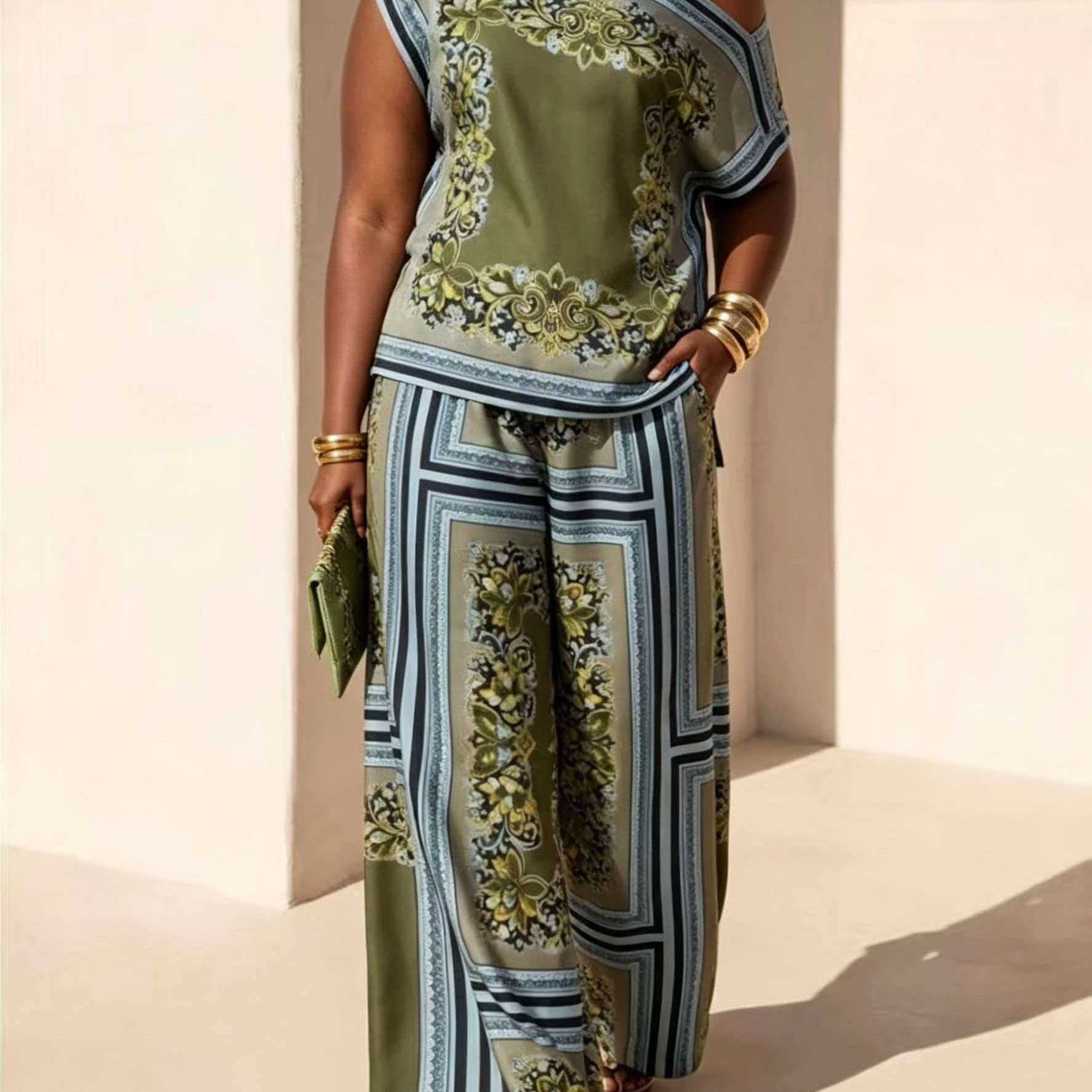 TEMU Plus Size, Plus Size Women's Summer New Arrival Irregular Off-shoulder Short Sleeve Blouse Top + Loose Long Pants 2pcs Set
