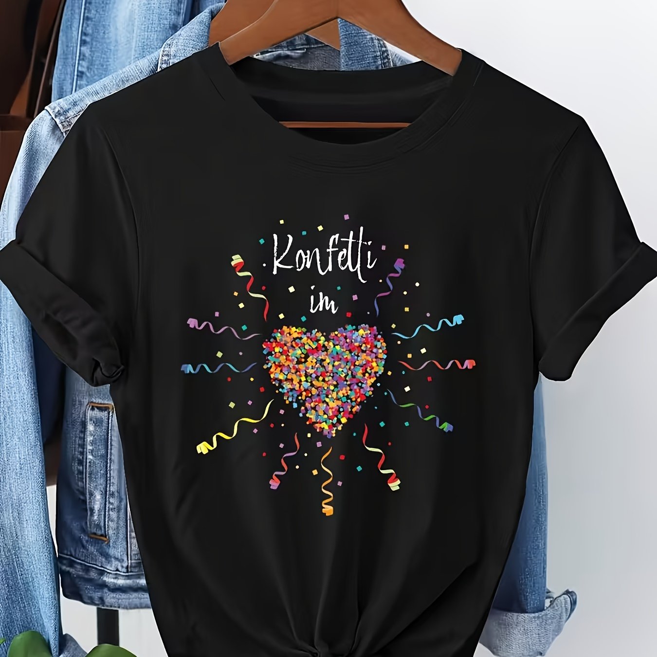 Image of Confetti Heart German Text Print T-shirt, Atmosphere, Vibrant Color Scheme, Regular Fit, Comfortable Fabric, Daily Casual Top"--