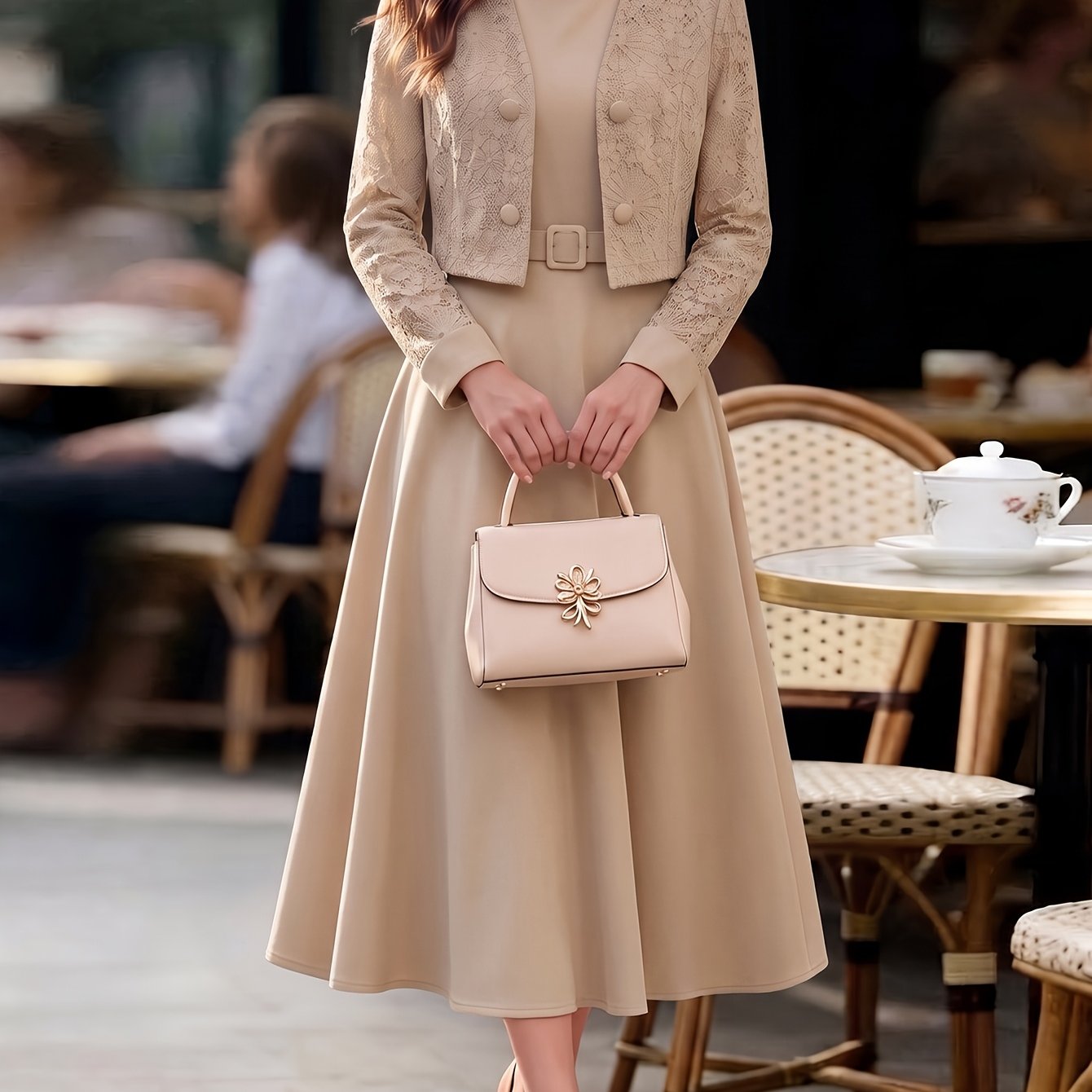 TEMU 2026 New Short Jacket Dress Two-piece Set Women's Lace Long Sleeve Cardigan With Belt Waist-cinching Flared Mid-length Dress Suit