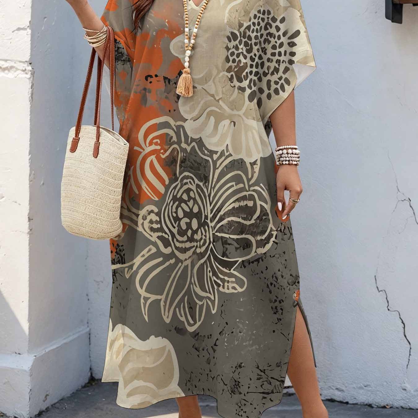 Image of Plus Size, Plus Size Women's 08xl Artistic Abstract Floral Style, Print Maxi Dress, Batwing Sleeve Dress With Double Side Slits, Loose Casual Summer Dress For Curvy Women