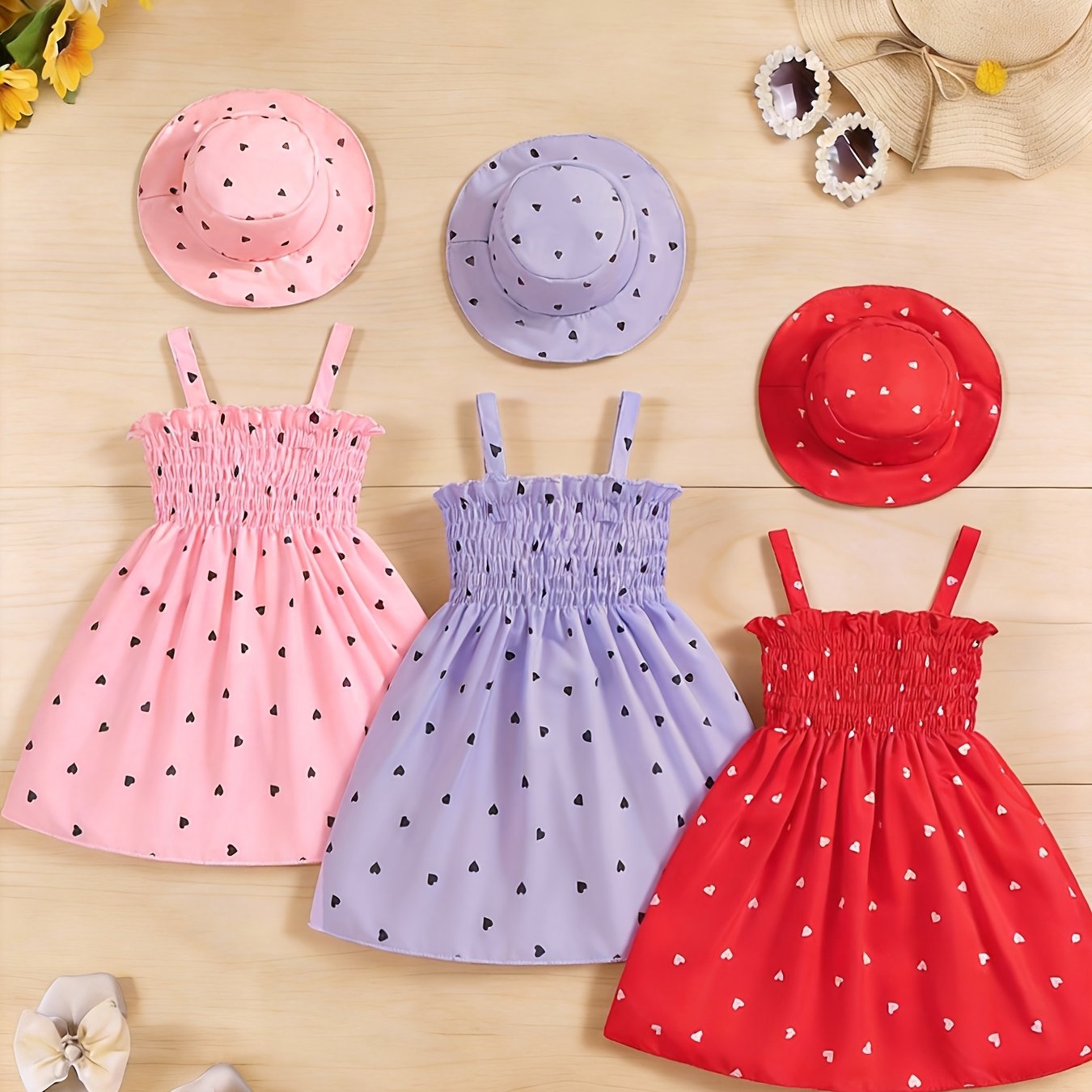 TEMU Sweet Fresh Girls Summer New Outfits Heart Print Tank Dress With Cute Hat Lightweight Breathable For Outdoor Daily Casual Summer Wear 3pcs Set