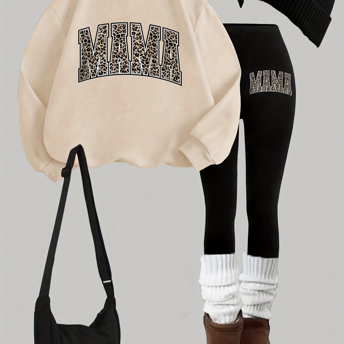 TEMU 0926gwen, 1 Set Of Casual Women's Sweatshirt Suit 2pcs Set, Letter Print, Round Neck Long-sleeved Sweatshirt, Long Leggings, Worn Alone Or As An