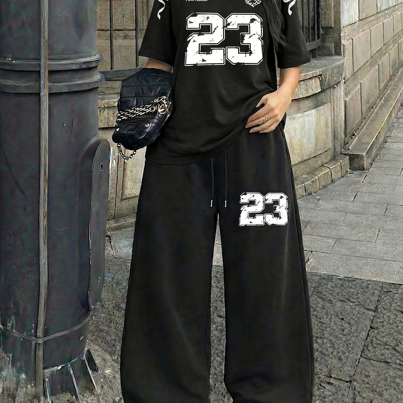 TEMU Women's Casual Streetwear Trend No. 23 Printed Crew Neck Short Sleeve Top And Loose Drawstring Long Pants 2pcs Set, Women's Fashion Outfit,