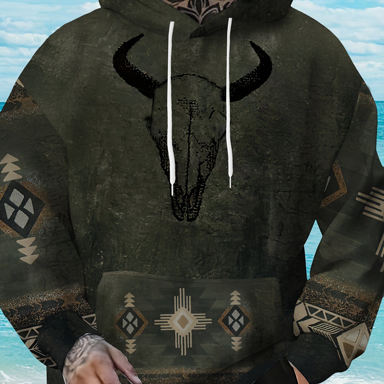 TEMU Men's Plus Size 3d Goat Head Print Hoodie, Oversized 1xl-9xl, Machine Washable Casual Sweatshirt, Plus Size