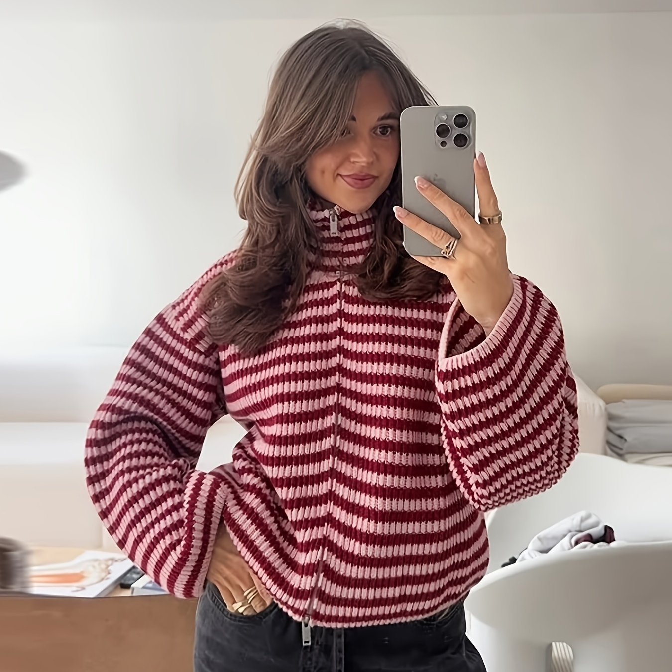 TEMU Women's Striped Cardigan Jacket With Double-zipper Front & Stand Collar - Loose Fit Sweater Suitable For Daily , Office Wear, Fall Winter Warm