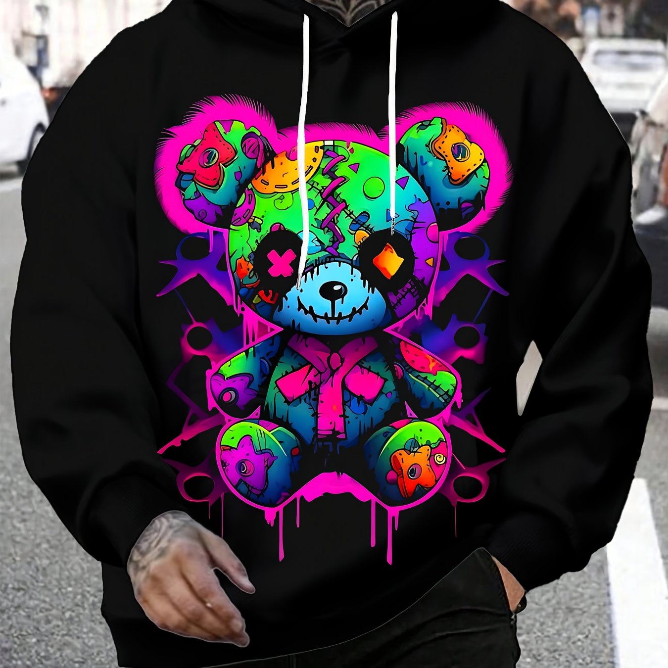 E-shop Herren Casual Sportlich Modischer Fitness Outdoor Home Kapuzenpullover, Sportshirt, 3D Bären-Print, Regular Fit, Dehnbar, Kordelzugtasche,