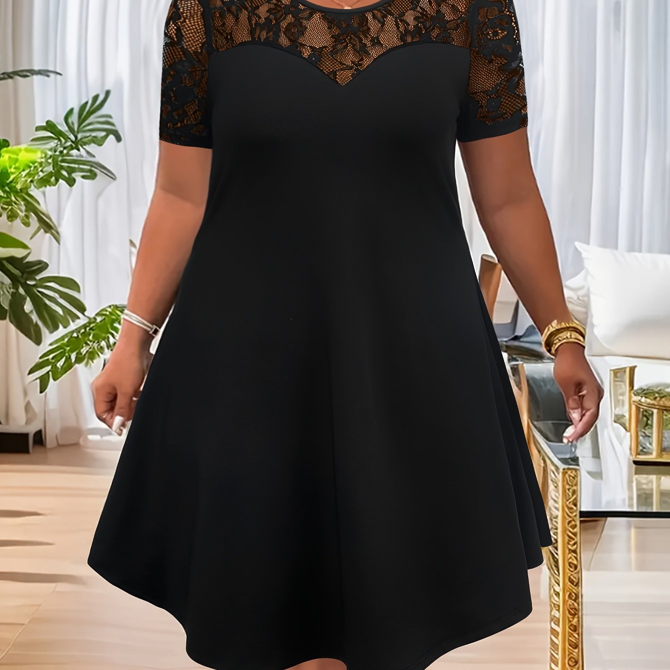 E-shop Plus Size, Damen Plus Size Elegantes Spitzenbesatz Rundhalskleid - Figurbetontes Oberteil & Fließendes Maxikleid für Hochzeiten, Partys,