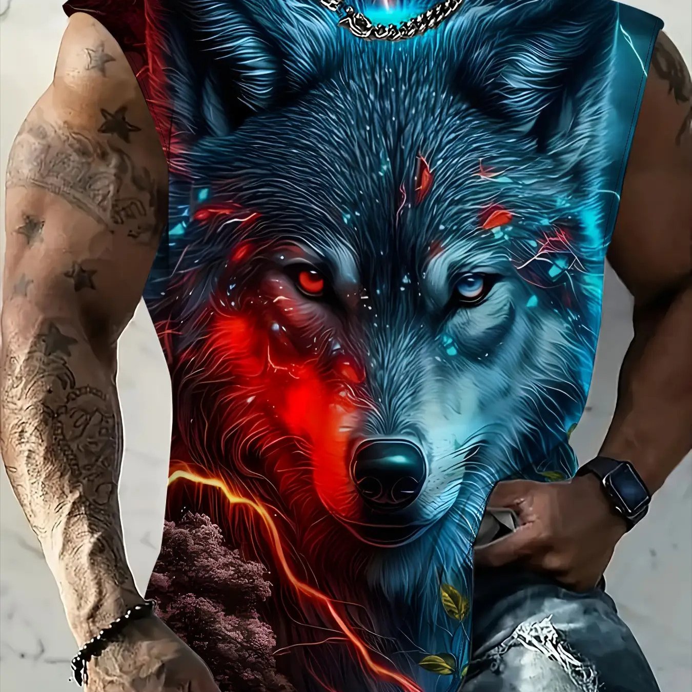 TEMU Men's And Print Sleeveless T-shirt - Glowing Wolf And Lightning Pattern, Breathable Moisture-wicking Fabric, Suitable For Fitness, Basketball,
