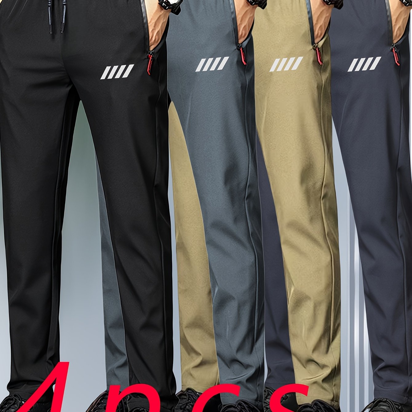 Image of Set Of 4, Men's Sports Casual Pants, Summer Trousers For Men, Featuring Zippered Pockets - Versatile For Leisure, An Ideal Gift For Men, Made Of 100% Polyester, Suitable For Holiday Gifting
