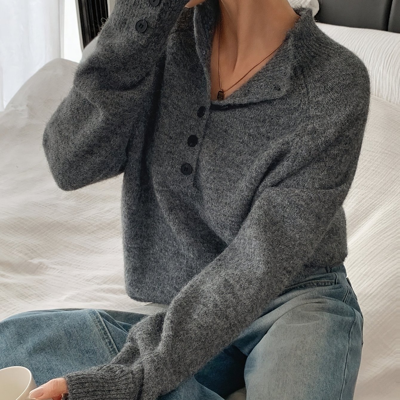 TEMU Autumn Winter Lazy -up Collar Pullover Sweater Women' Shoulder Loose Casual Top
