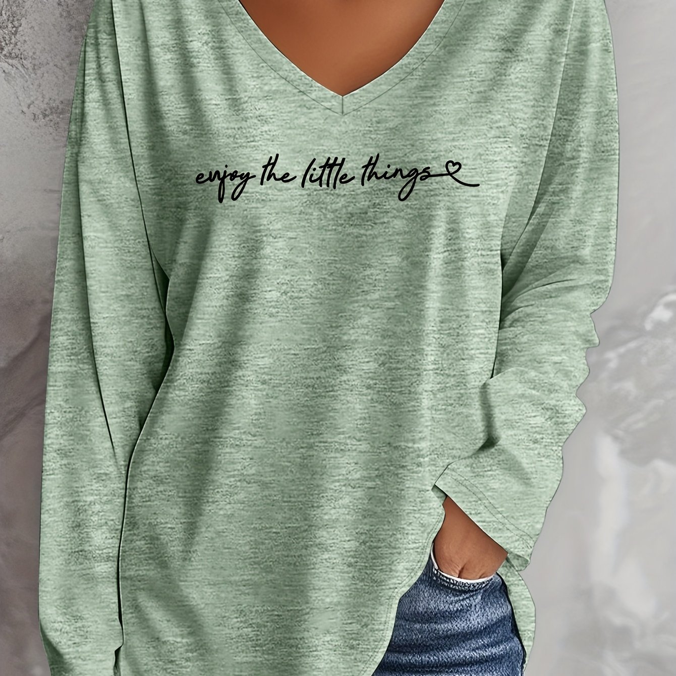 TEMU Plus Size - Plus Size - And Summer Plus Size Women's Fashion Letter "enjoy " V-neck Long-sleeved T-shirt, Rayon Component - To Care For, Machine