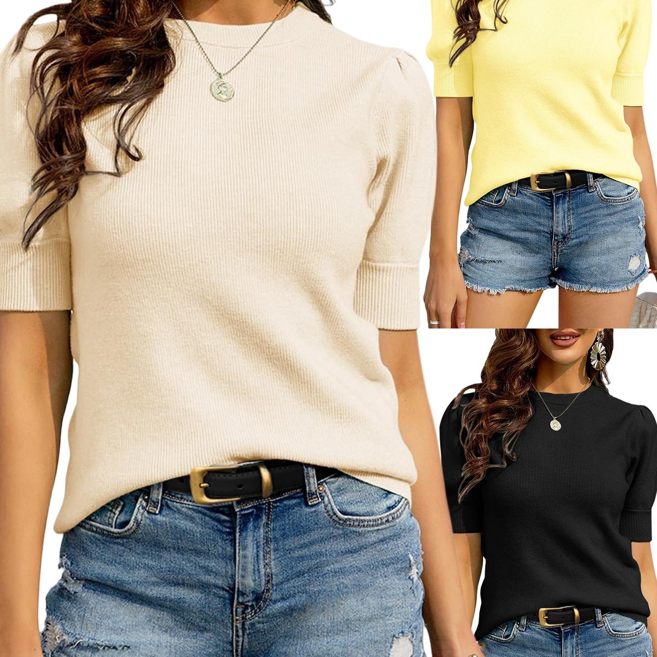Womens Puff Short Sleeve Sweater Casual Summer Crew Neck Pullover Tops Ribbed Sweater Blouse