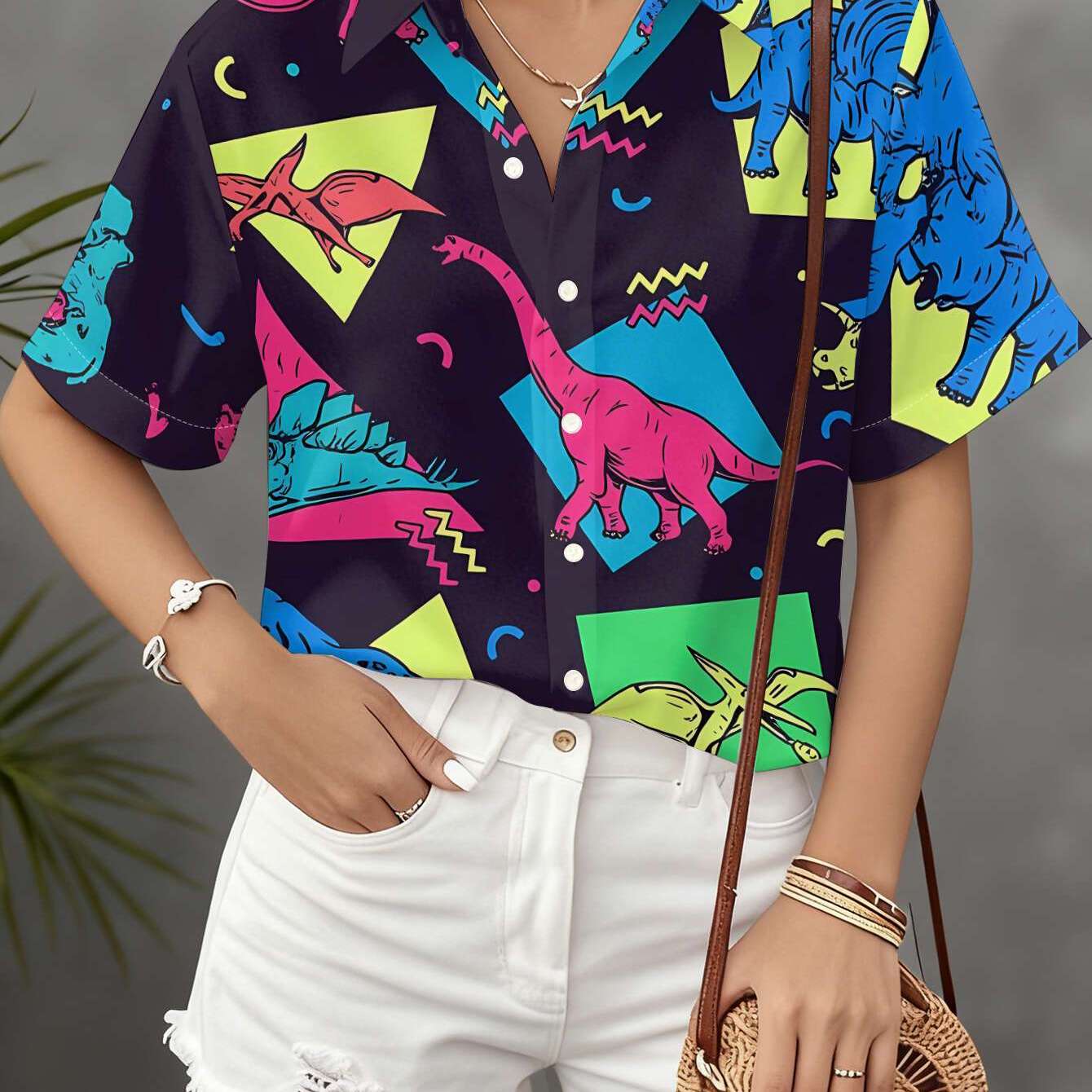 TEMU Women's Casual Short Sleeve Shirt With Neon Colorful Dinosaur Trendy Print, Machine Washable Women's Top, Fashionable Button-up Shirt