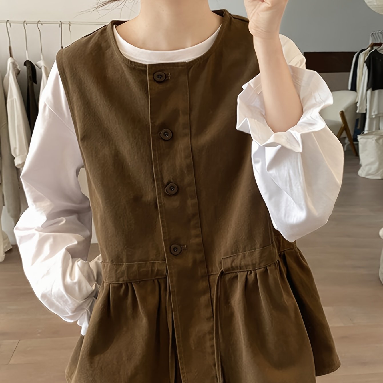 TEMU Women's Loose Vest, 2025 Collection, Age-reducing Round Neck Vest Top With Ruffle Trim, Niche Designer Outerwear