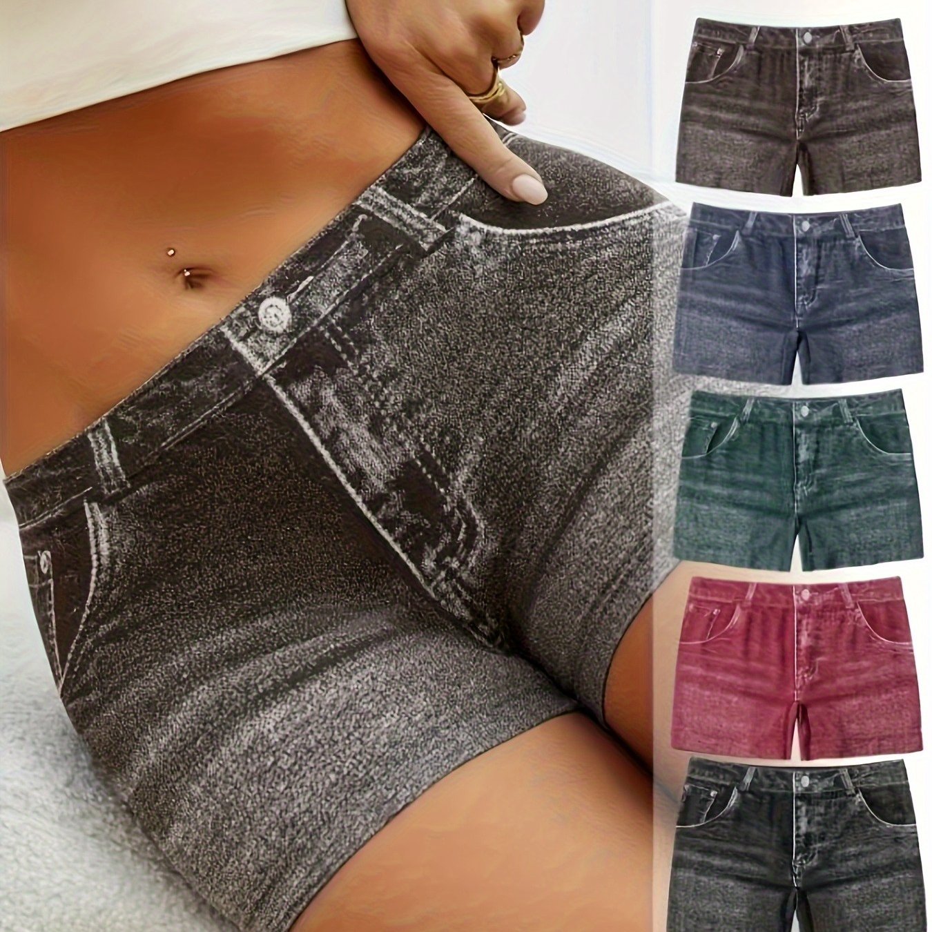 TEMU [printed Pants - Not Denim Fabric] 5pcs Women's Denim Printed Underpants - Cute Jean Underpants, Comfortable Skinny Fit For Spring/summer,