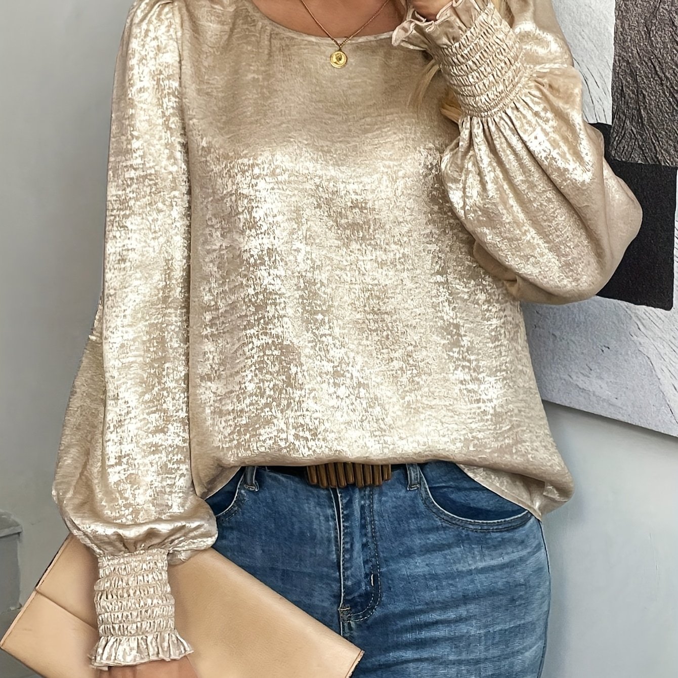 Round Neck Golden Flared Sleeve Shirt