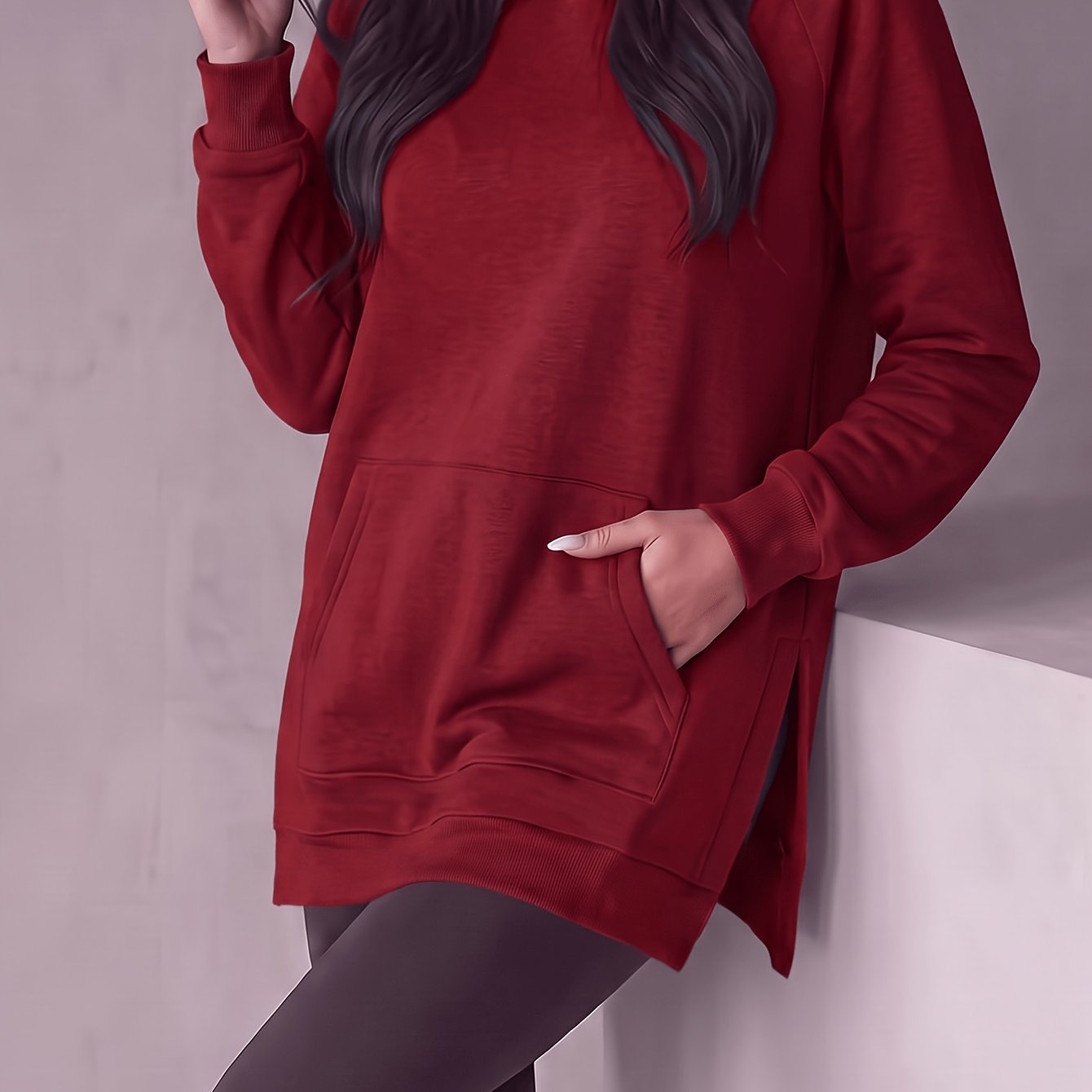 TEMU Solid Winter New Style Hem Slit Bottom Fleece Fashion Women's Hooded Sweatshirt, Halloween, Christmas Long Hem Slit Women's Casual Hooded