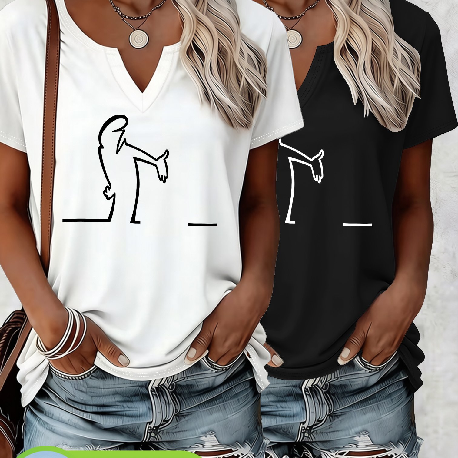 TEMU 2pcs Women's Spring/summer Fashion Casual 100% Short Sleeve V-neck T-shirt, Art Figure Print Design, Soft And Comfortable For Home And , Women'