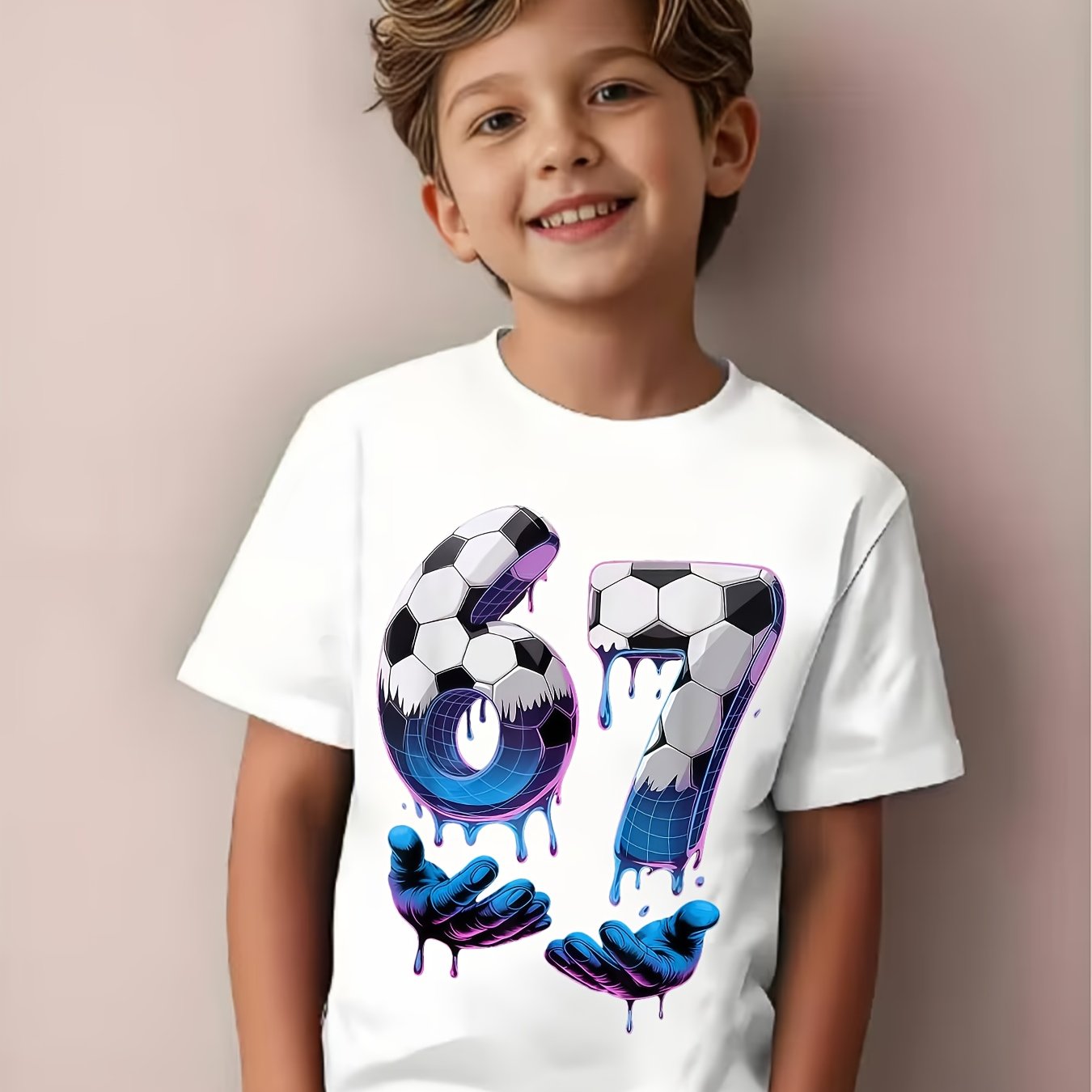 Soccer "67" Boys And Girls Ice Cream Drip Fun Hand Pack T-shirt, Spring/summer Comfortable Casual Crew Neck, Breathable, , Crew Neck, Perfect For Kids, Printed Pattern